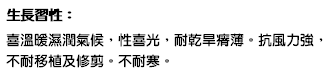 生長習性： 喜溫暖濕潤氣候，性喜光，耐乾旱瘠薄。抗風力強，不耐移植及修剪。不耐寒。