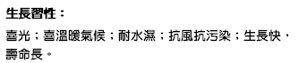 生長習性： 喜光；喜溫暖氣候；耐水濕；抗風抗污染；生長快，壽命長。